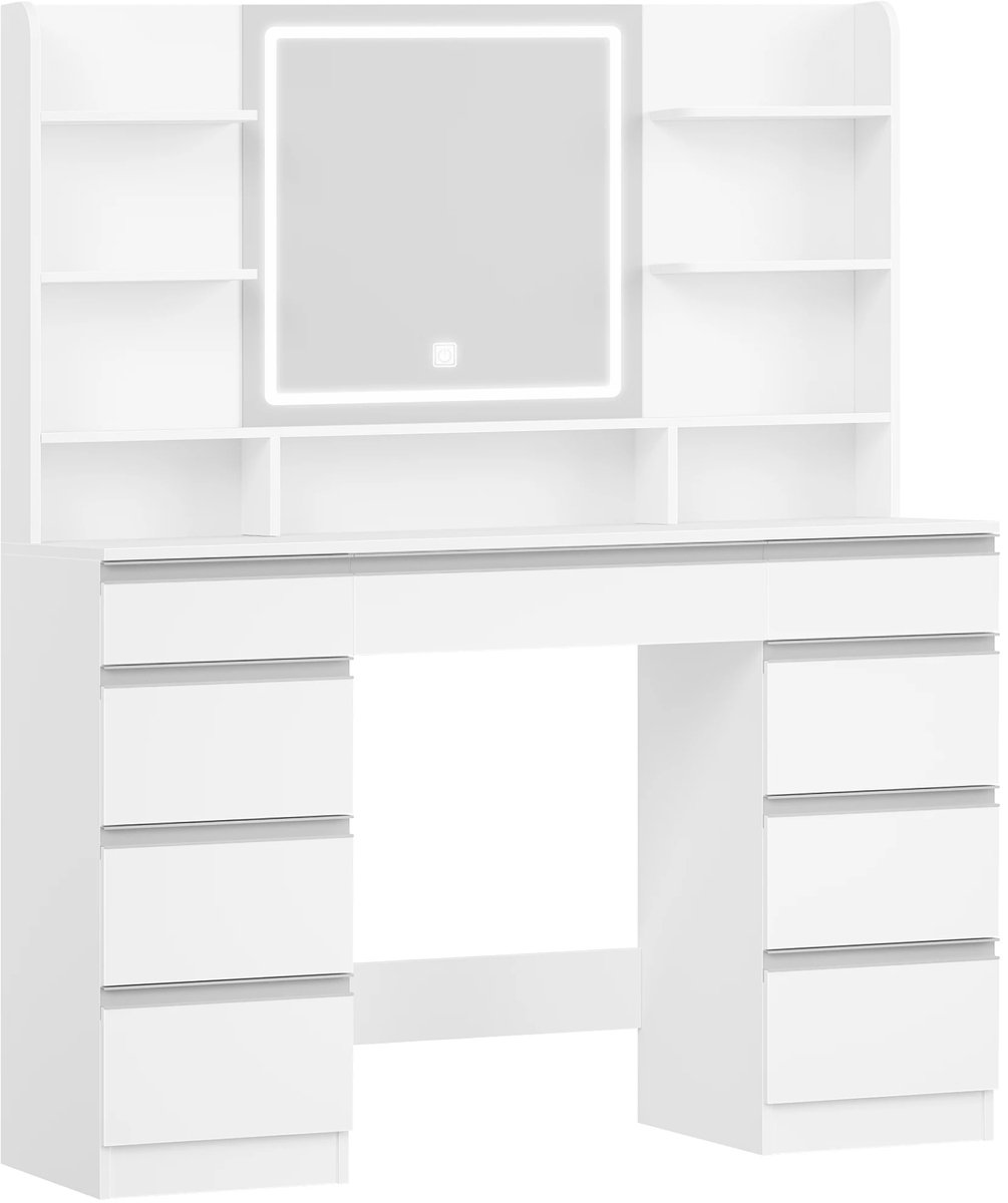 Happiq Dressing Table – Voor Slaapkamer en Make-up – Grote Kaptafel met Spiegel, LED-Verlichting (3 Lichtkleuren), Helderheidsregeling, 9 Lades en 9 Open Vakken – Wit / Modern White