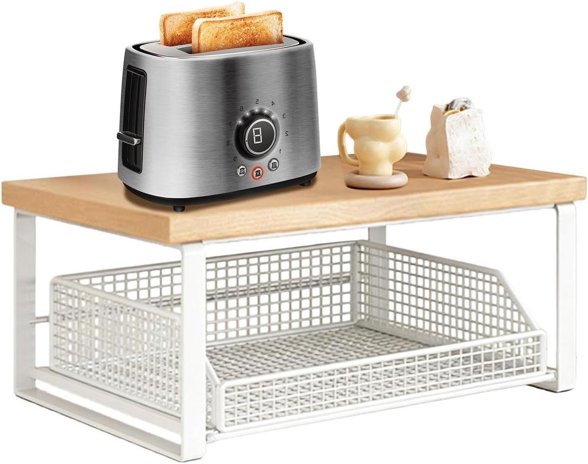 Koffiestation Organizer - Keukenrek - Keuken Opbergen - Uitschuifbare mand - 37x26x18cm - Wit