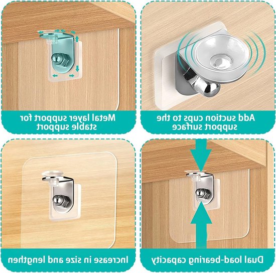 Set van 12 Zelfklevende Planksteunen zonder Boren, RVS en PVC, 6 x 6 x 0.1 cm, Maximaal Gewicht met Mini Zuignappen voor Kasten en Boekenkasten — afbeelding 2