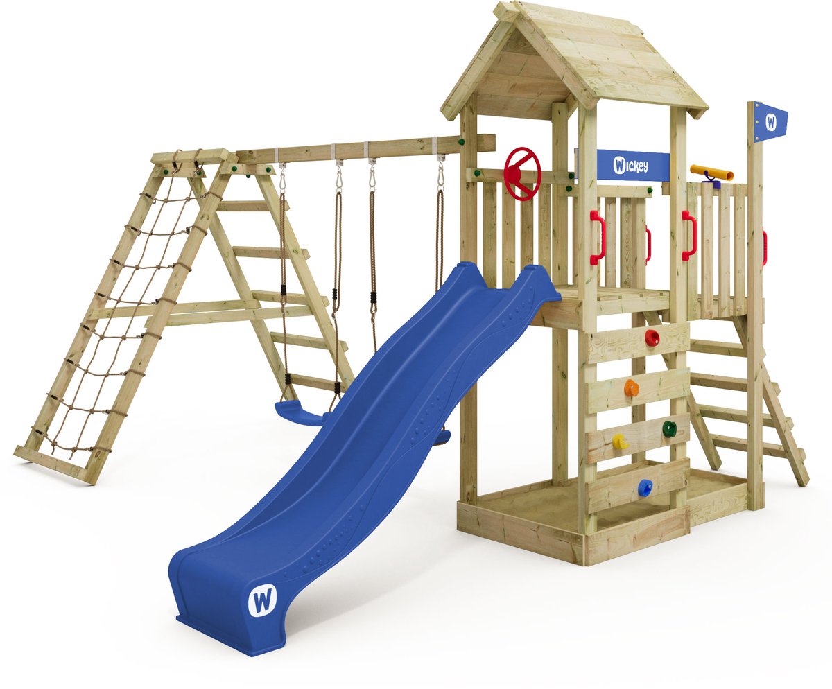 Wickey RocketFlyer Speeltoestel - Dubbele schommel met Glijbaan en Klimaanbouw - Houten Dak & Zandbak - 358x429x265 cm - Grijs