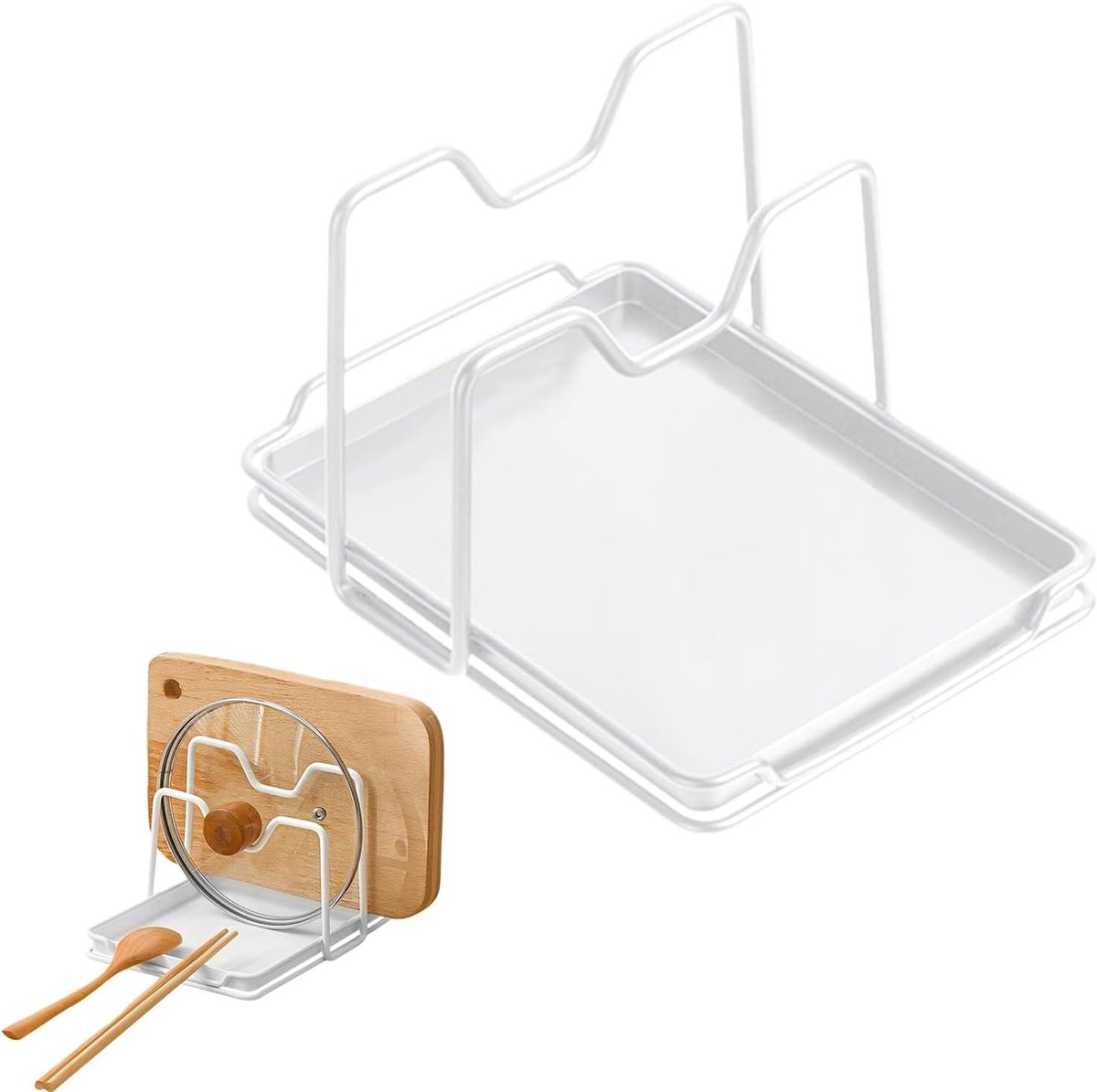 Pannenhouder - Deksel organizer - Keuken opbergen - Boorvrije montage - 18 x 16.2 x 18 cm - Wit