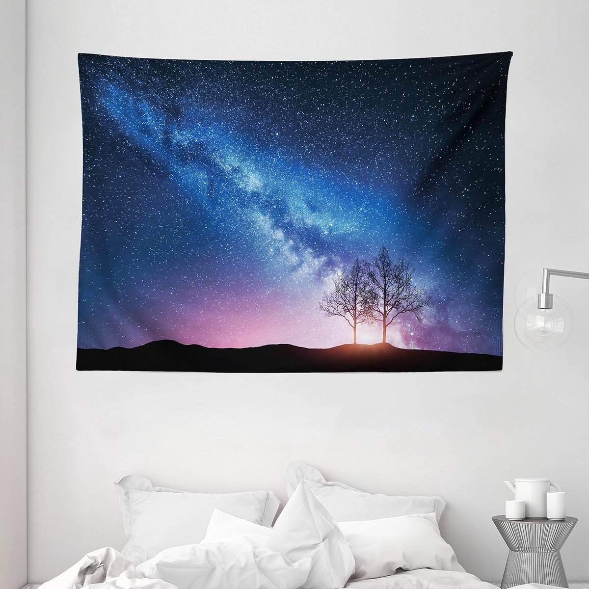 ABAKUHAUS kleurrijk wandtapijt, ontbladerde bomen 's nachts, woonkamer slaapkamer wanddoek zijdezacht satijn wandtapijt, 200 x 150 cm, meerkleurig Donkerblauw