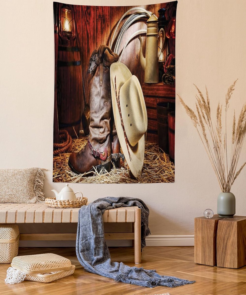 ABAKUHAUS Western Tapestry, Amerika Retro Rodeo, Woonkamer Slaapkamer Wandkleed Zijdezacht Satijn Wandtapijt, 100 x 150 cm, Beige Bruin