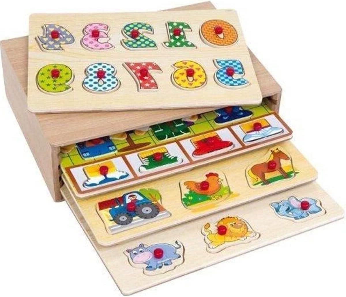 Houten Puzzels - Educatief Speelgoed - Kind Ontwikkeling - Vier Verschillende Thema's - 24 cm - Multicolour