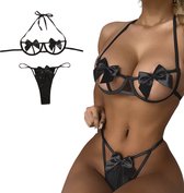 Sexy Dames Lingerieset – Zwart - Met Strikken – Tweedelige Lingerie Set - Halter Bralette Met Strikjes - String - Ondergoed Voor Vrouwen - Maat XL
