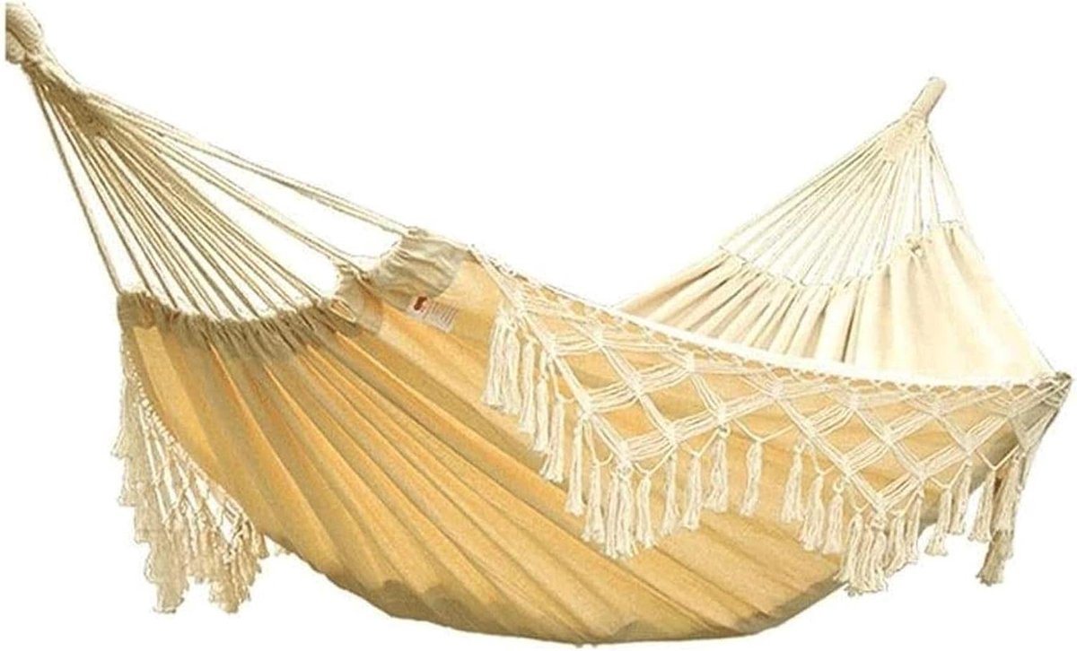 Hangmat Schommelbed - Franje Hangmat - Ontspannen Buiten - Handgeweven Rand - 200x150 cm - Natuurlijk Wit