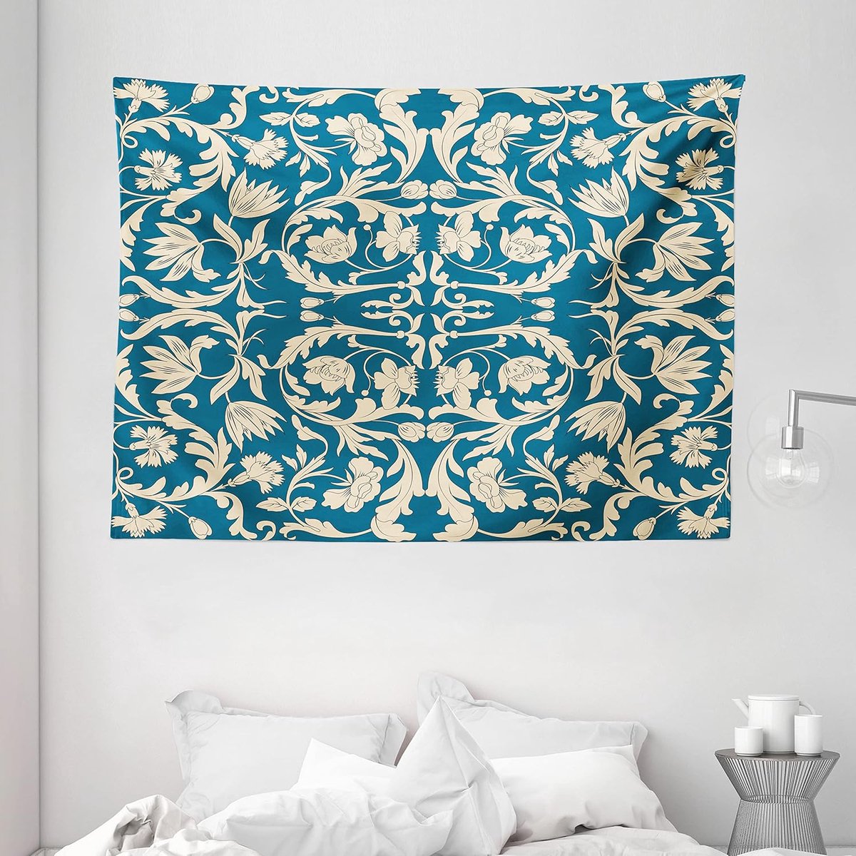ABAKUHAUS Chinees wandtapijt, Oosterse antieke rol, woonkamer slaapkamer wanddoek zijdezacht satijn tapijt, 200 x 150 cm, Teal blauw en crèmekleurig Teal Blue and Cream