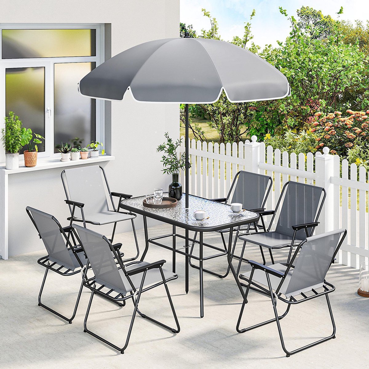 YEHTOKHOME Garden tuinset - Zitgroep 8-delig 119 x 68 cm glazen tafel met 6 klapstoelen parasol waterstructuur, Tuinmeubelset voor tuin terras, Grijs