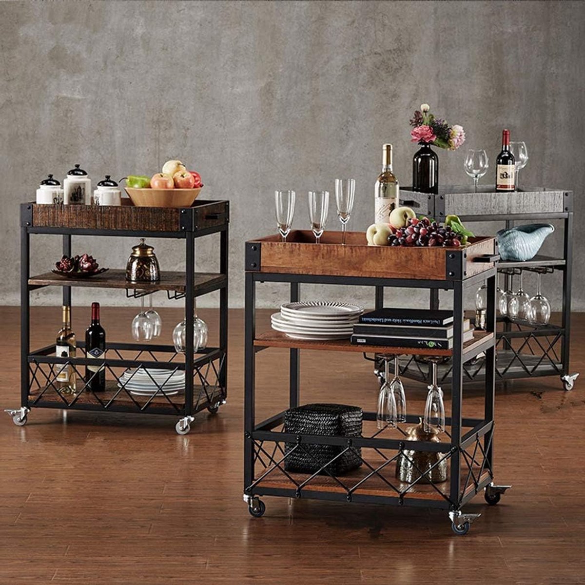 3-Laags Serveertrolley Keuken Trolley 80x40x75 cm – Vintage Hout & Metaal Serveerwagen op Wielen – Barkar / Dienwagen / Opslag Organizer / Catering Trolley – Mobili Bella