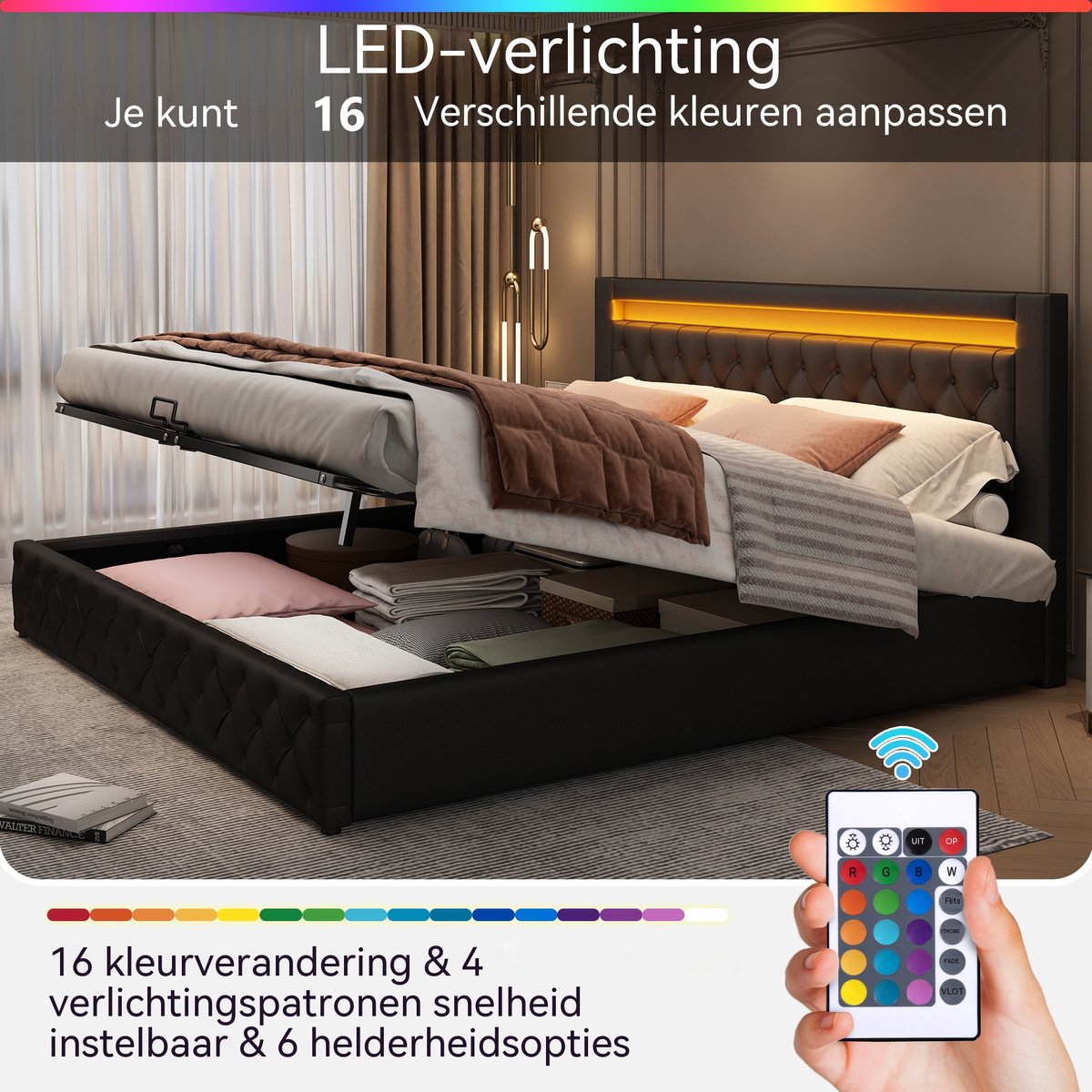 Welltin Gestoffeerd tweepersoonsbed 140x200 cm met bedframe - Inclusief hoofdbord - LED-lichtstrip - Hydraulische liftfunctie - Metalen frame - Knoopdesign - Moderne stijl - Wit (matras niet inbegrepen) Zwart