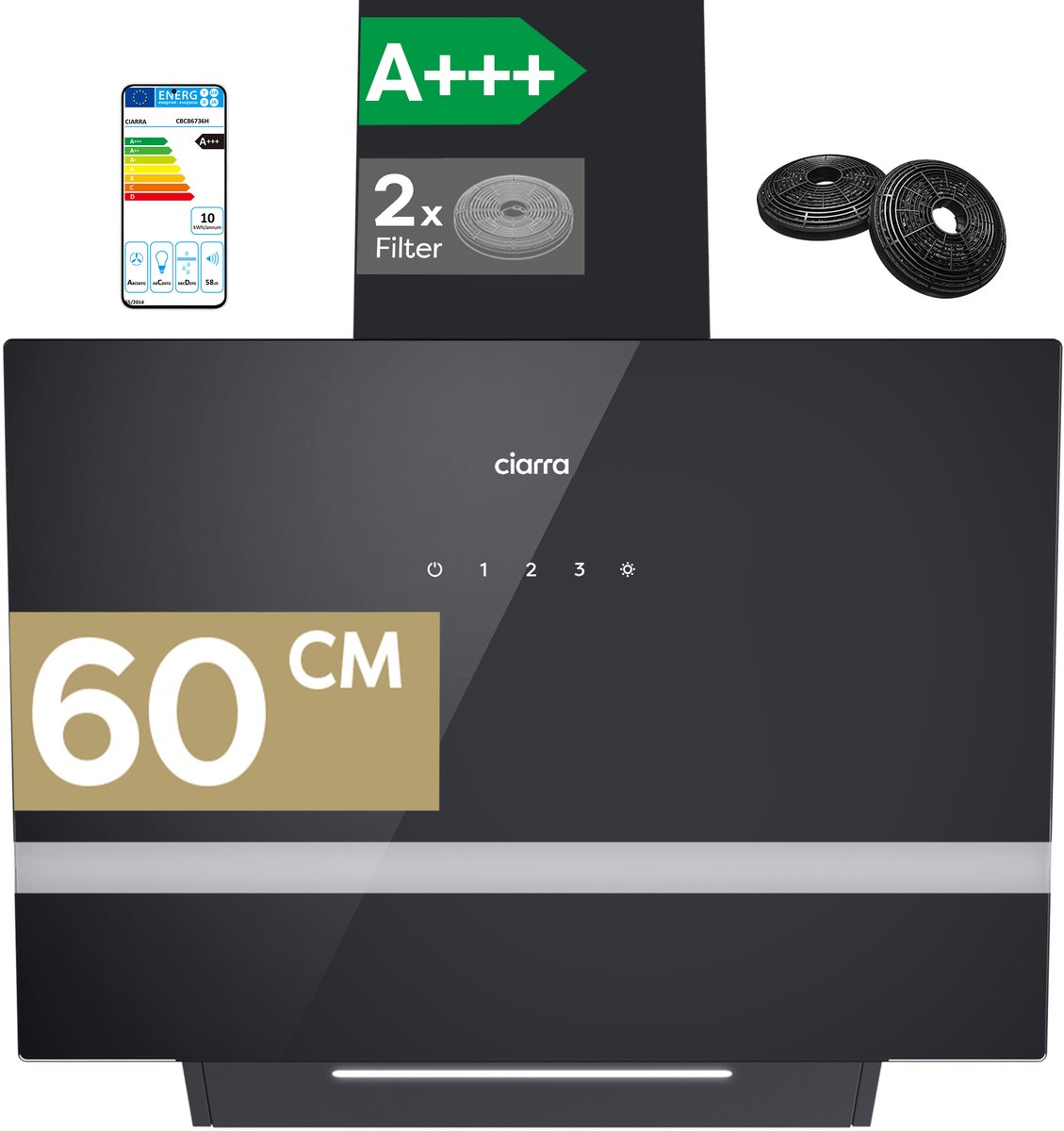 CIARRA VM6736HB - A+++ 685 m³/u Schuine Afzuigkap 60 cm 4 Standen incl. BOOST, Wi-Fi & SensorTouch Bedieningzwart