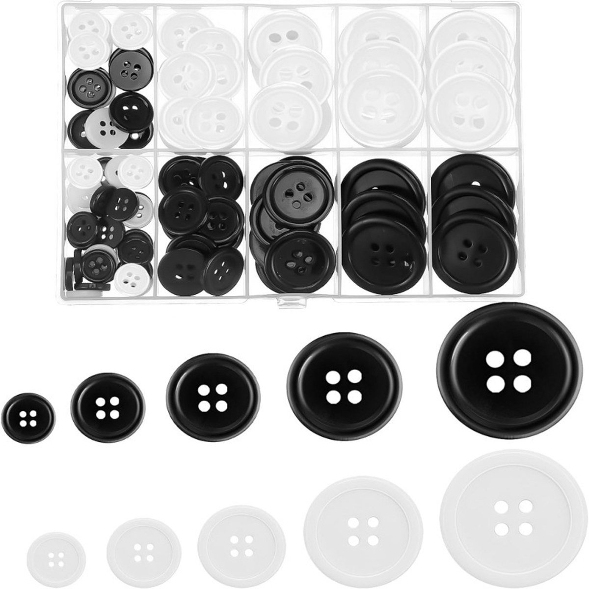 Naaiaccessoires - Kunststof Knopen 4 Gaten - 160 Stuks Divers Maten - Duurzaam Zwart Wit Ontwerp - Voor Kleding Reparatie en DIY Projecten - Klassiek Rond