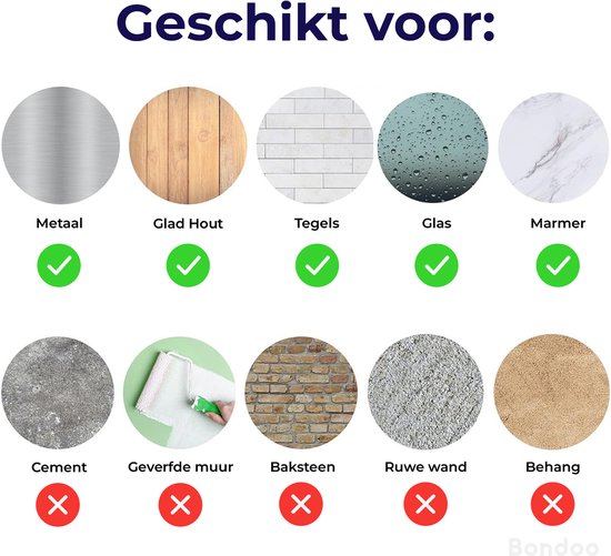 Geschikt voor: Metaal, Glad Hout, Tegels, Glas, Marmer. Niet geschikt voor: Cement, Geverfde muur, Baksteen, Ruwe wand, Behang.