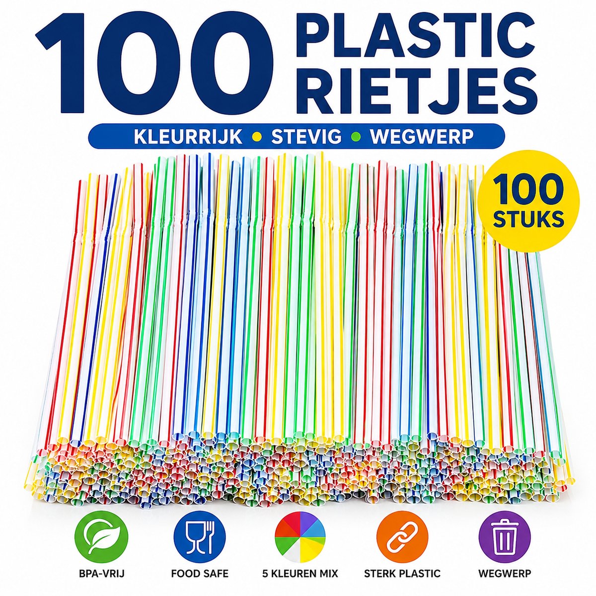 JS Plastic Rietjes - 100 Stuks - Herbruikbaar - Buigbaar - 21cm - kleurrijk