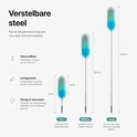 Drie verschillende lengtes van de plumeau: kort, medium en lang, met afmetingen in cm en inches.