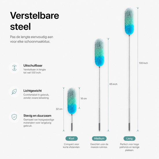 Drie verschillende lengtes van de plumeau: kort, medium en lang, met afmetingen in cm en inches.