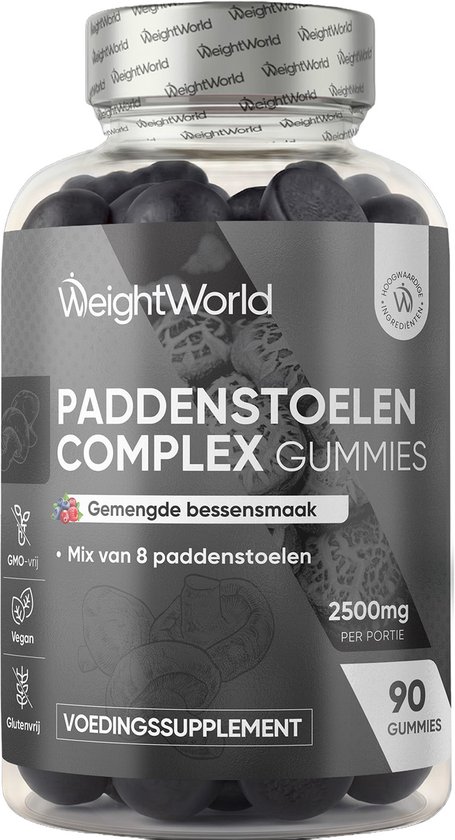 Fles donkere vegan 'Paddenstoelen Complex Gummies' met textuur. Label toont 'Gemengde bessensmaak' en 8 paddenstoelen.
