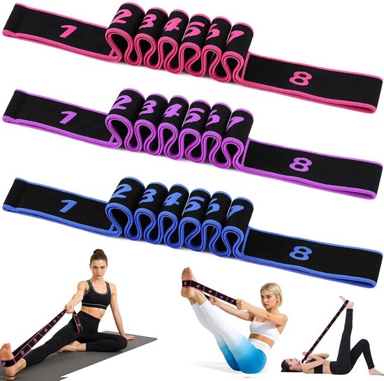 Weerstandsband Lang - 3 Delige Set - Yoga Stretch Band met 8 Lussen - Resistance Band - Elastische Weerstandsband - Fitness Elastiek - Voor Elk Niveau - Sport Elastiek Fitness - Workout Elastiek - Met Handvatten - Thuis Sporten