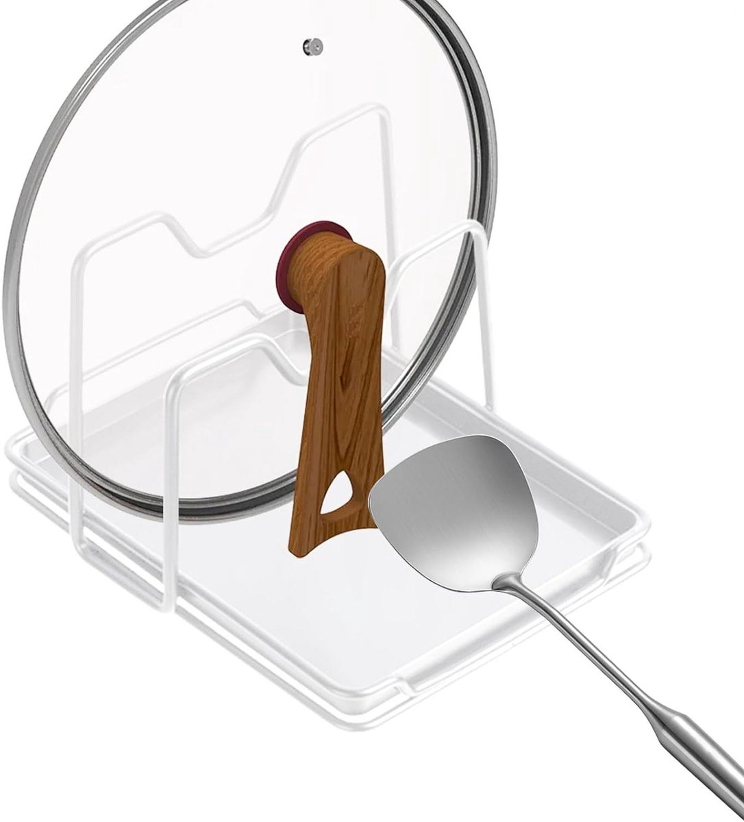 Dekselrek - Pottenhouder Organizer - Keuken Opbergen - Met Afdruipsysteem - 15x17x15 cm - Wit