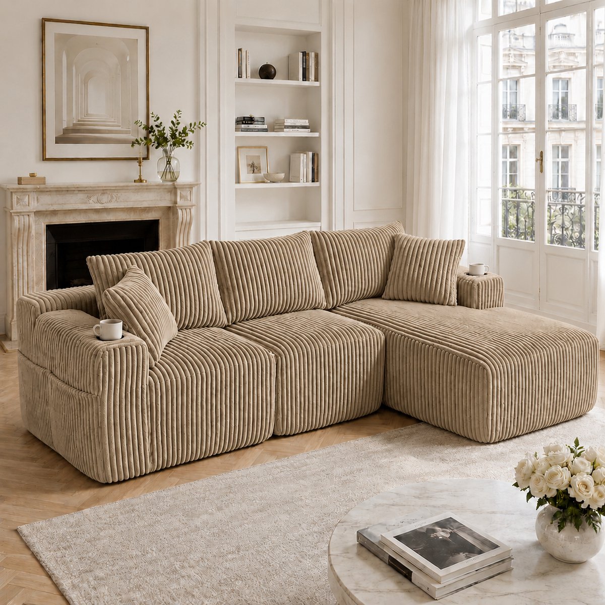 Zubaliya L-Bank, 3-Zits Bank, Hoekbank Modulaire Bankstel met Chaise Longue en 2-zitsbank, Zachte Corduroy Hoes, met 5 Kussens, Zijvakken en Bekerhouders, Schuim met Hoge Dichtheid, Doe-het-zelf-combinatie, Ideaal voor Woonkamer, Appartement en Studio- Khaki