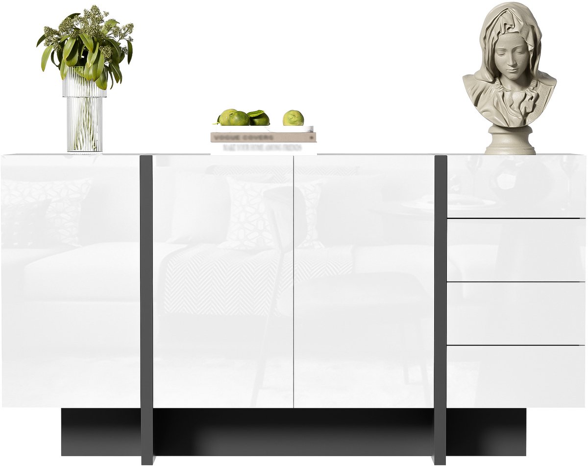 Zubaliya Sideboard - wit hoogglans met zwarte accenten - 2 deuren & 4 laden - soft-close scharnieren - makkelijk te reinigen