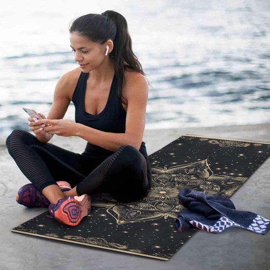 Yogamat met Tas - Oefenmat Fitness - Thuis Sporten - Natuurlijk Rubber - 180x66 cm - Zwart Goud van Yogamat — afbeelding 4