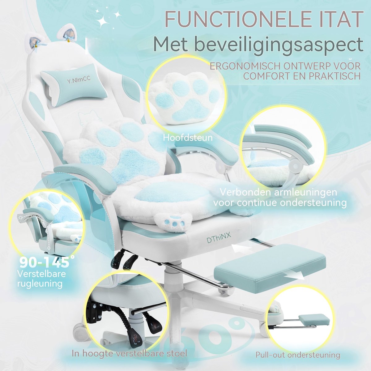 Dowinx Gaming Stoel Ergonomisch met Voetsteun – Vleugelloze Zit – Verstelbare Rugleuning – Zachte Stof – Blauw-wit – Voor Gaming, Werk en Studie – Middelgroot – foto 5