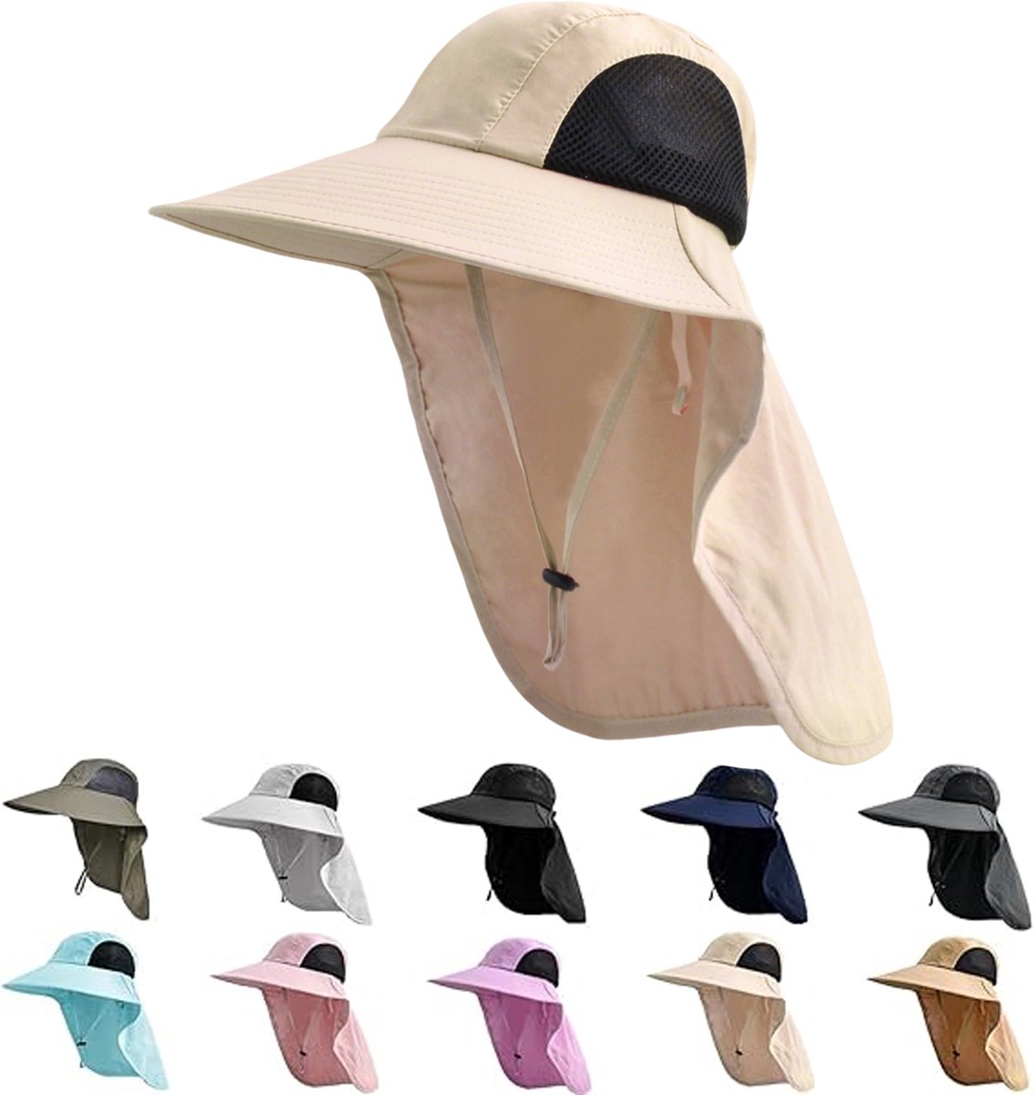 Zonhoed voor Dames & Heren met Nekflap - UPF 50+ UV-bescherming - Breede Rand - voor Wandelen, Vissen - Beige - 1 Stuk
