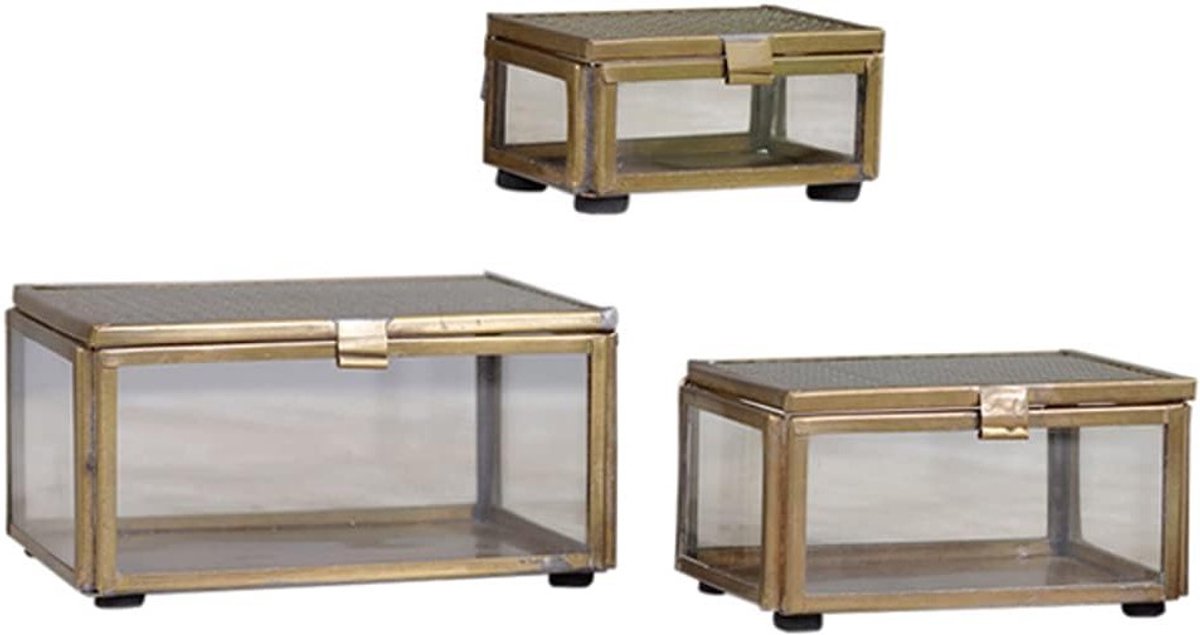 Elegante Set van 3 Glazen en Metalen Sieradendozen in Goud - Perfecte Oplossing voor Sieradenopslag en Organisatie