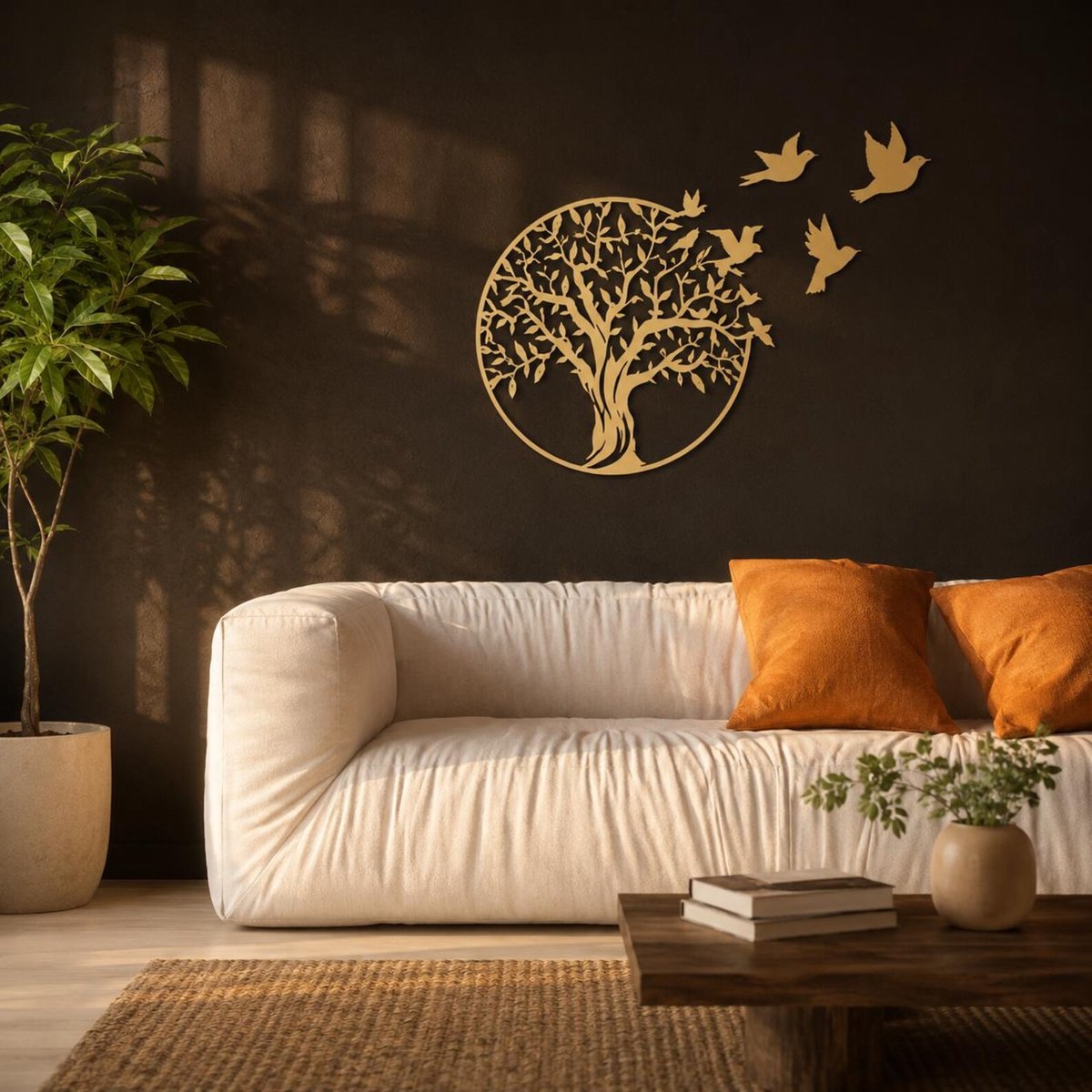 Levensboom Wanddecoratie 50x50 cm – Houten Muurdecoratie Boom met Vogels – Goud of Zwart – Moderne Wanddecoratie Woonkamer