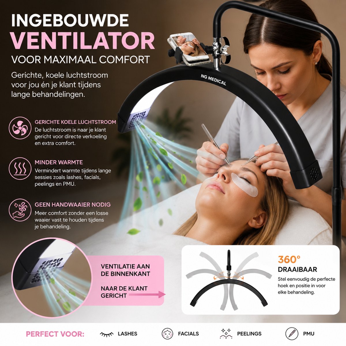Halve Maan Lamp Lumina Pro 28 Inch – Lashlamp / Wimperlamp met Koelventilator – LED Moonlight Lamp Dimbaar – CRI95+ – PMU, Nagels & Schoonheidssalon