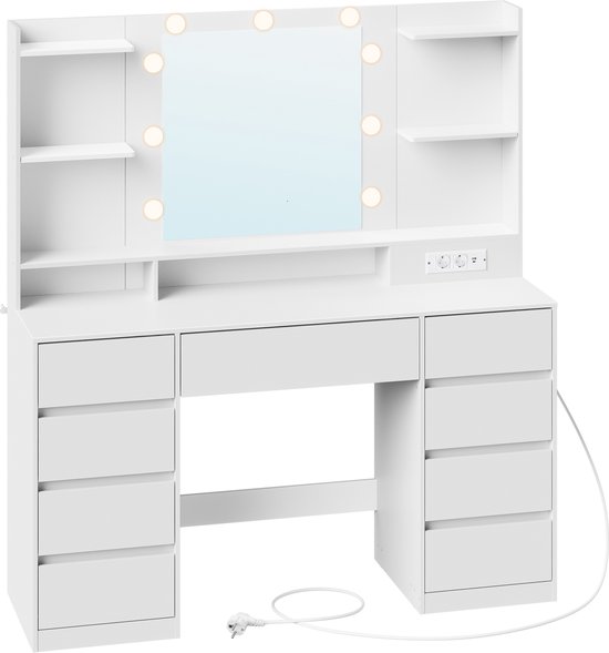 Coiffeuse blanche avec miroir, éclairage, neuf tiroirs, étagères, prises et une fiche.