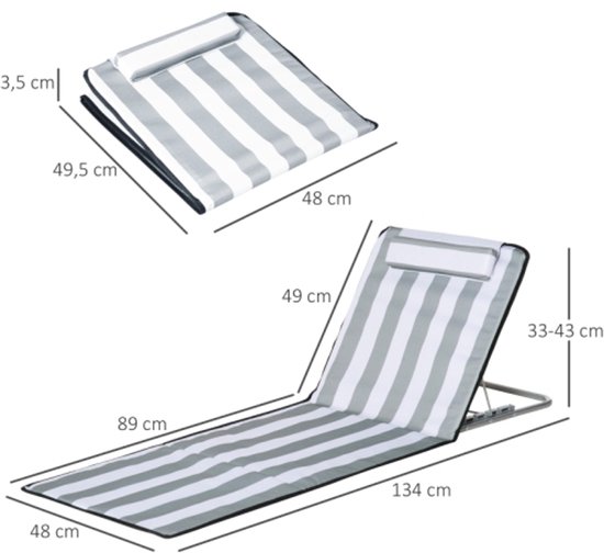 1 stuk - Opvouwbare ligstoel - Tuinligstoel met hoofdsteun - Vijfvoudig verstelbare rugleuning - Inclusief opbergtas - Geschikt voor strand en speeltuin - 134 x 48 cm - Lichtgrijs — afbeelding 4