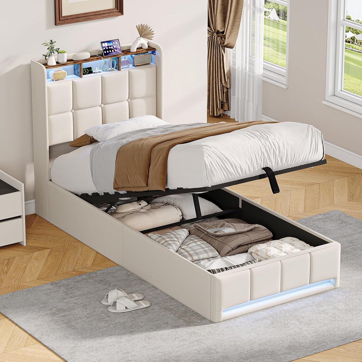 Opbergbed - Eenpersoonsbed - Slaapkamer opbergen - Hydraulisch hefsysteem - 90 x 200 cm - Beige
