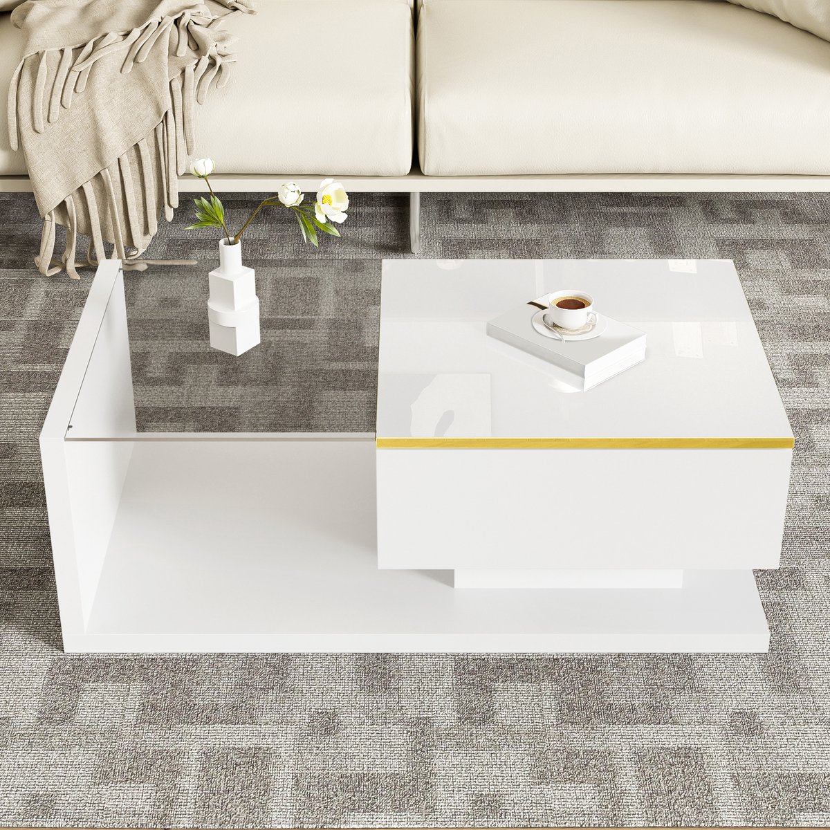 MODFU Salontafel - Met Opbergruimte En Led-Verlichting - Modern - Voor Woonkamer - Spaanplaat En Glas - Wit - 90 X 50 Cm