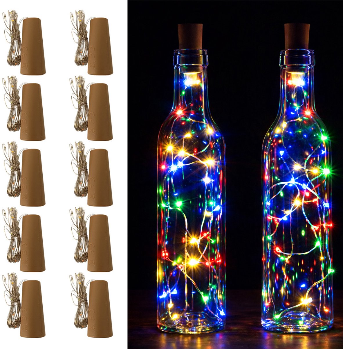 Flesverlichting - Multicolor - 10 Stuks - Met Kurk- Lampjes Slinger - Lichtjes Slinger Op Batterijen - Fairy lights - Feestverlichting & Sfeerverlichting - Binnen & Buiten