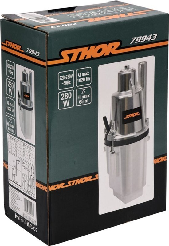 Verpakking van de Sthor dompelpomp 79943 met afbeeldingen en specificaties: 220-230V, 280W, Qmax 1020 l/h, Hmax 68m.