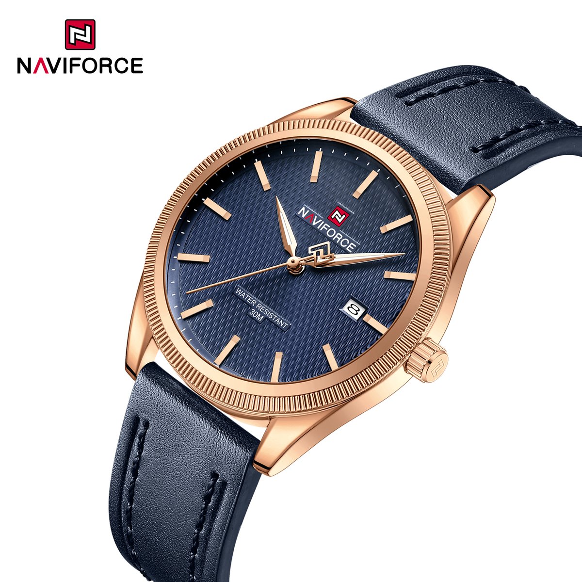 NAVIFORCE horloge voor mannen, met blauwe lederen polsband, gouden uurwerkkast en blauwe wijzerplaat met gouden wijzers ( model 9276L RGBEBE )