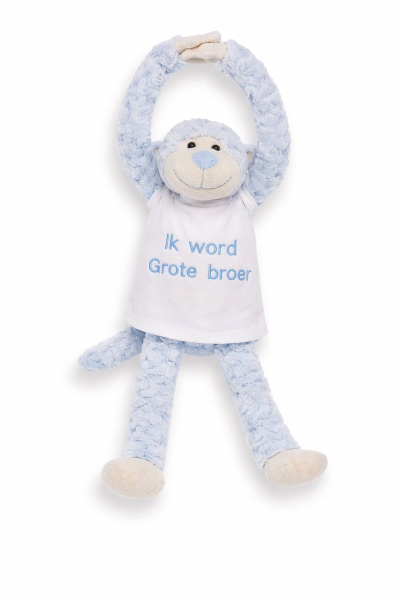 Knuffel aap met Geborduurd Shirt “Ik word grote broer ” – Zwangerschap Aankondiging – Cadeau Grote Broer – Knuffel met Tekst – Baby Aankondiging – slinger aap