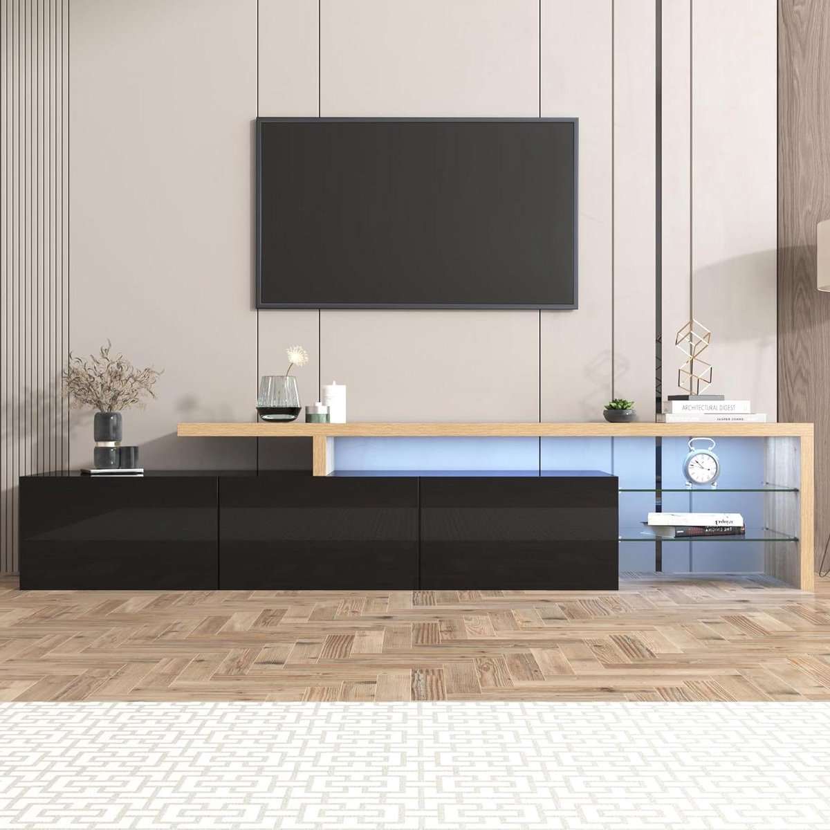 TV Kast - TV Meubel Laag - Woonkamer Opbergen - LED Verlichting - 198 cm Breed - Wit Houtlook