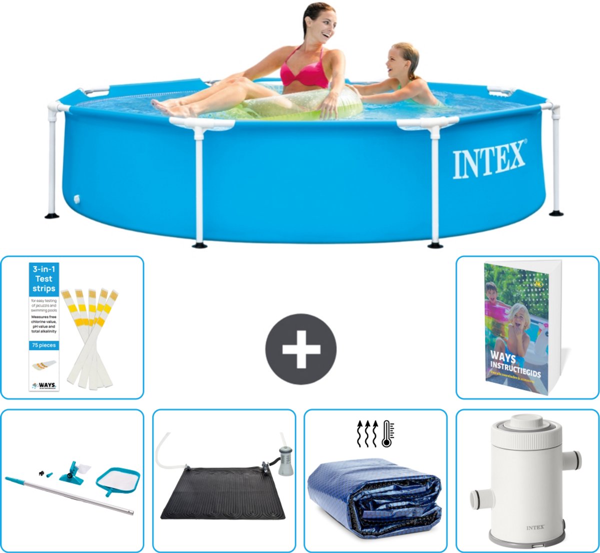 Intex Rond Frame Zwembad - 244 x 51 cm - Blauw - Inclusief Schoonmaakset - Solar Mat - Solarzeil - Zwembadfilterpomp - 7-delig