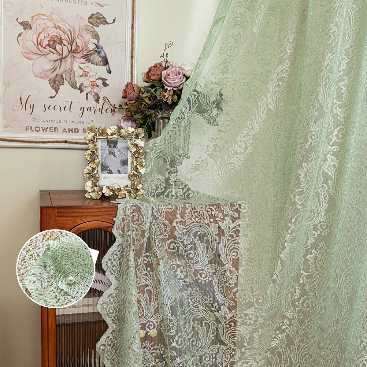 Qelus Vintage Vitrage met Bloemen - Set Van 2 - Kanten Gordijnen Kant en Klaar - Tunnelzoom - Lichtdoorlatend Brocante Stijl - 140x244cm - Mintgroen Muntgroen