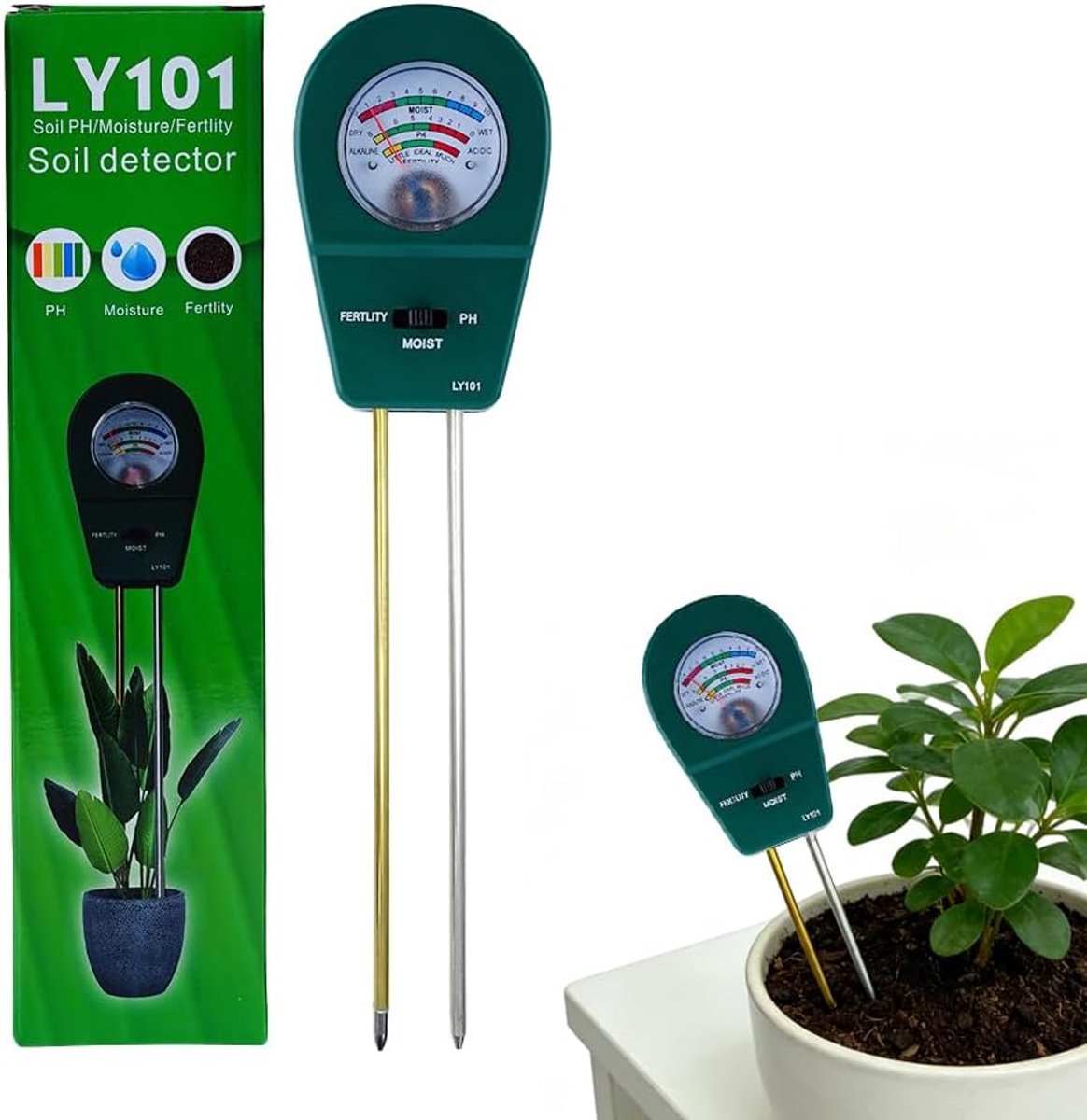 Bodemmeter - Plantenmeter pH meter - Optimale plantengroei - 3-in-1 functionaliteit - 27 cm lengte