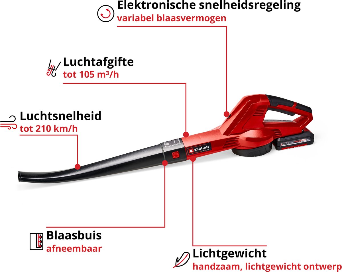 Einhell Accu Bladblazer GE-CL 18 E Li Kit - Power X-Change - 18 V/Li-ion - Blaassnelheid: 210 km/h - Incl. 2.0 Ah Accu en lader – foto 2