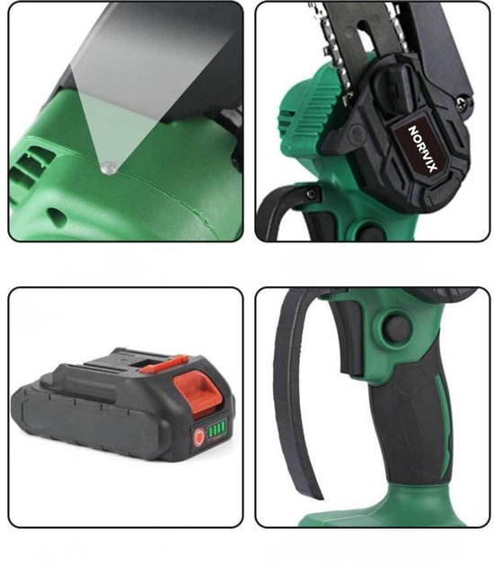Norvix® Elektrische Mini Kettingzaag - Brushless Snoeizaag - 2 Geleiderails & 2 Kettingen - 4 & 6 Inch - 2 Accu's - Inclusief Opbergkoffer en Accessoires - Groen van Merkloos	 — afbeelding 2