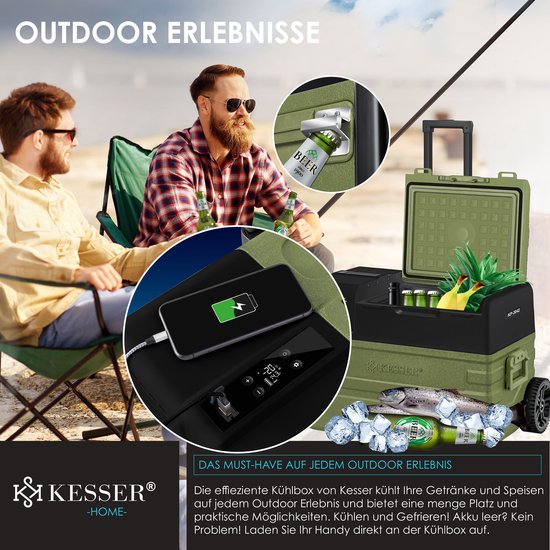 KESSER® Compressor Koelbox Elektrische Frigobox, met APP-bediening USB-aansluiting 12/24 V 230V, +Telescopische stangwielen tot -20 °C - 42L, 52L, Koelbox voor auto, vrachtwagen, boot, camper, camping - 42 Liter Kaki van KESSER — afbeelding 5