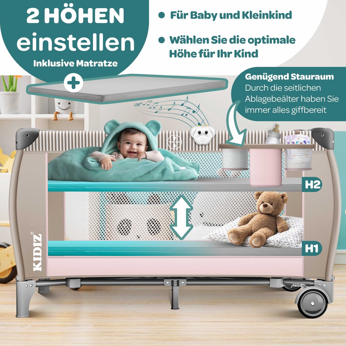 KIDIZ® Campingbedje 3in1 Reisbedje Reiswieg Babybedje Ledikant met Verschoningsmatje Klamboe Kinderbox Baby vanaf de geboorte tot 15 kg Luchtige zijwanden zijingang Opvouwbare Draagtas, Roze/Beige