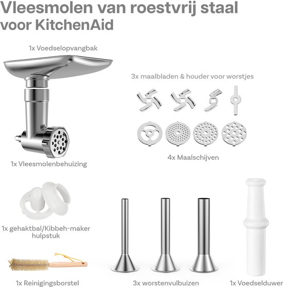 Vleesmolen-Opzetstuk RVS voor KitchenAid Standmixer - Opzetstuk voor Keukenhulp met 4 Maalschijven, 3 Worstbuizen, 2 Maalmessen & 1 Gehaktbalmaker - Vaatwasmachinebestendig - Van MMOBIEL van Merkloos — afbeelding 5