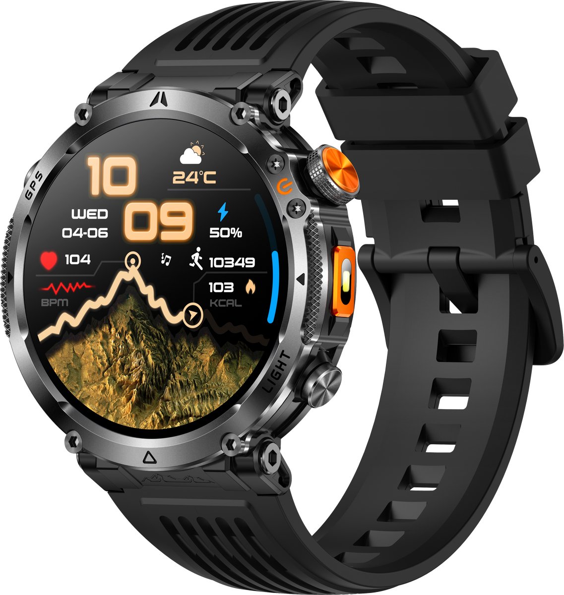 Knobbout GPS Smartwatch 1.7" (4,3 cm) Scherm met LED Zaklamp – 850mAh Batterij | IP68 Waterdicht | Kompas, Hoogtemeter & Barometer | Outdoor Sport Horloge met Bluetooth Bellen - Zwart