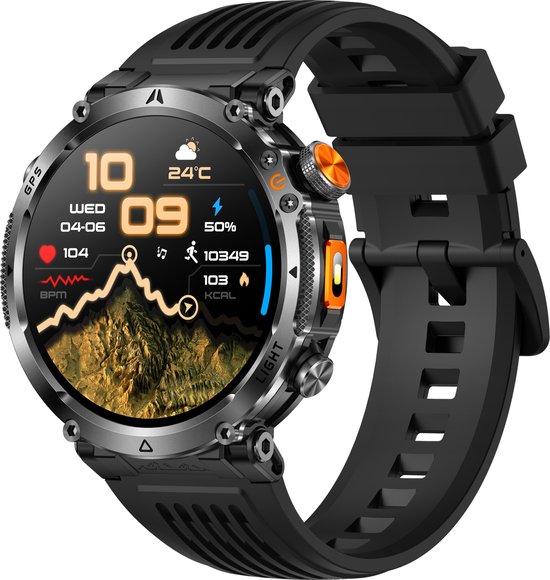 Knobbout GPS Smartwatch 1.7" (4,3 cm) Scherm met LED Zaklamp – 850mAh Batterij | IP68 Waterdicht | Kompas, Hoogtemeter & Barometer | Outdoor Sport Horloge met Bluetooth Bellen - Zwart